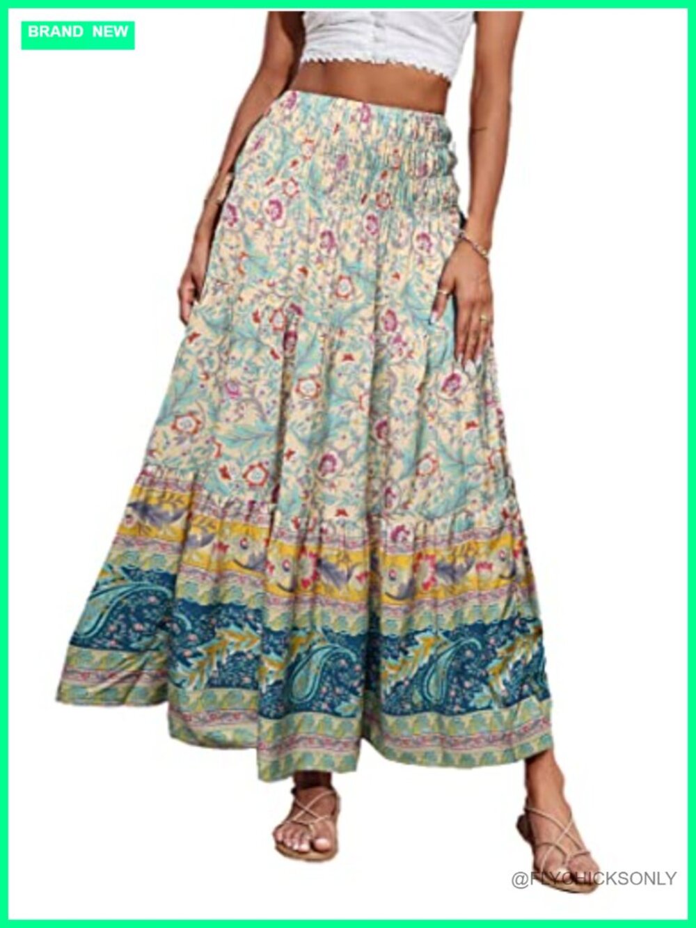 Women's Floral Maxi Skirt A-Line Pleated High Waist Boho Summer Beach Long Skirt